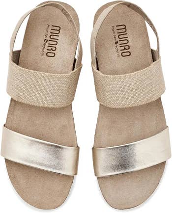 Beige and metallic golden level sandals with a wide elastic strap and a metallic beforehand strap, branded