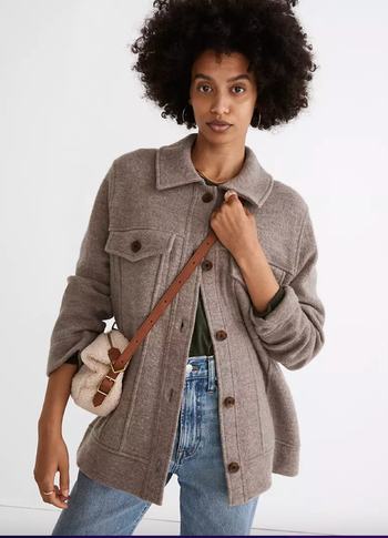 model wearing taupe sweater-jacket