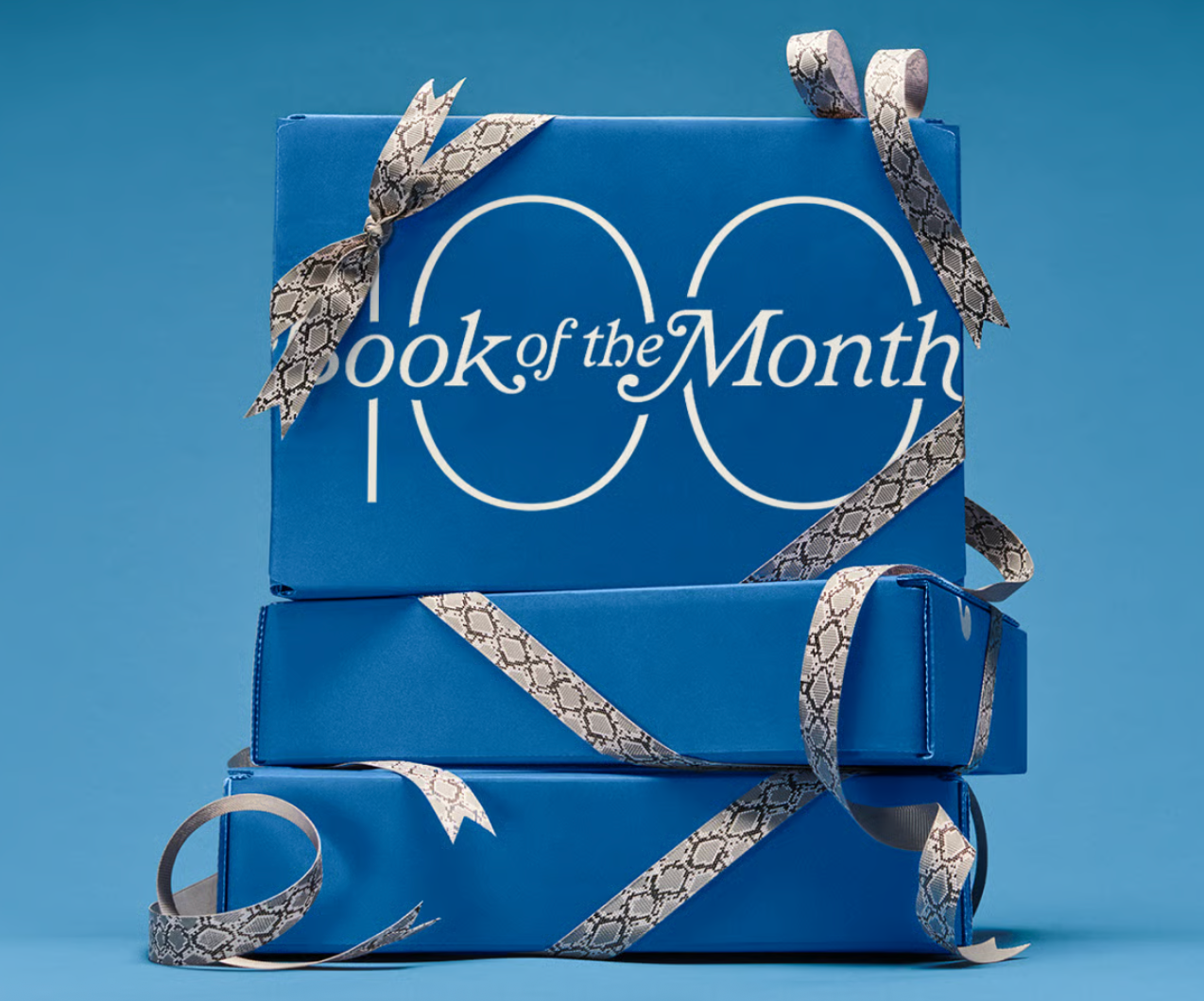 three stacked boxes wrapped successful  bows with Book of the Month and 100 connected  1  of them