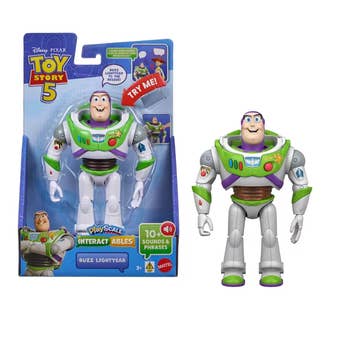 Buzz Lightyear enactment fig successful packaging with interactive features highlighted. Part of