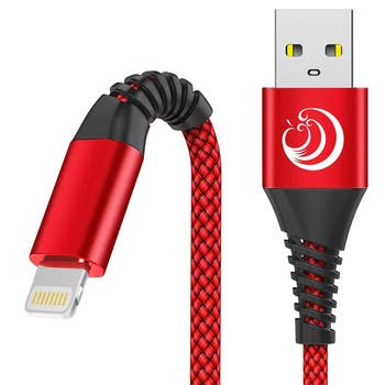 a red iPhone braided charger
