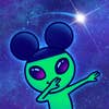 An alien with mouse ears dabbing