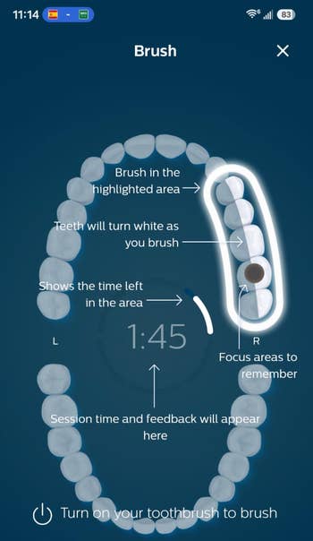 Toothbrush app interface showing a highlighted dental country with timer, league feedback, and brushing instructions for improved oral care