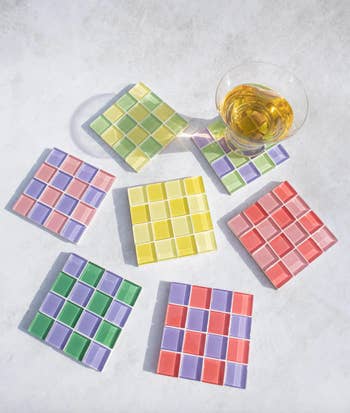 brightly colored glass tile coasters