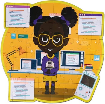a puzzle depicting a young girl surrounded by technology 