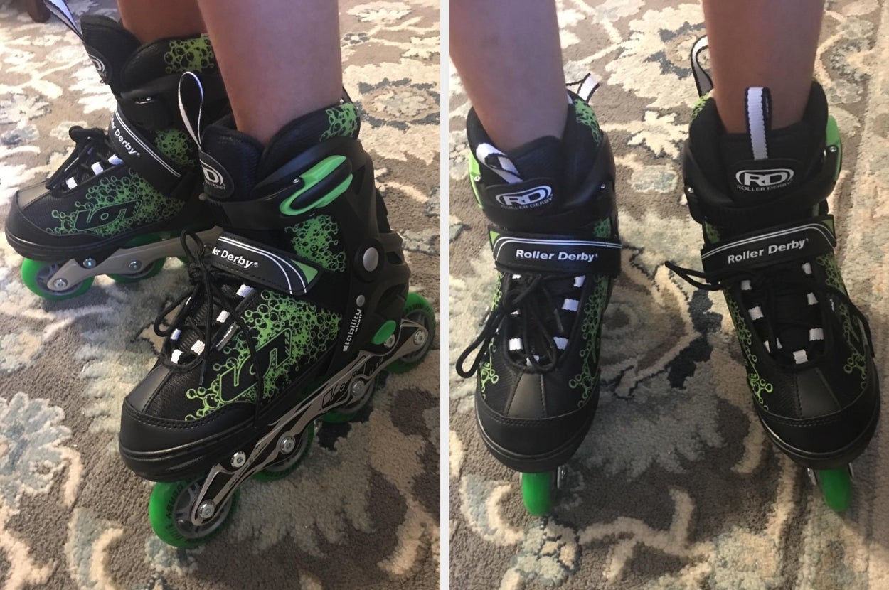 Two reviewer images of someone wearing black and green rollerblades