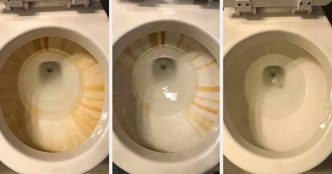 a before during and after photo showing a reviewer's dirty toilet looking clean after using the rust stain remover spray