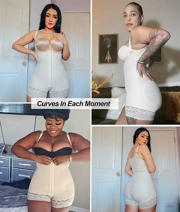 four-photo collage showing four models of different shapes in the body shaper