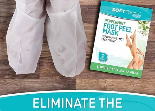 a  model wearing a pair of the foot peel masks
