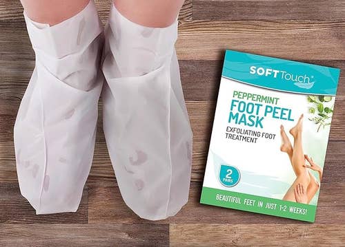 a  model wearing a pair of the foot peel masks