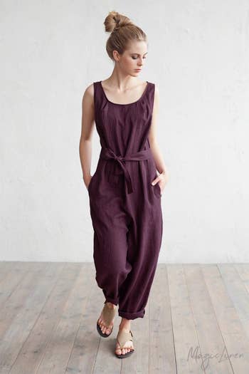 front of model wearing the purple jumpsuit