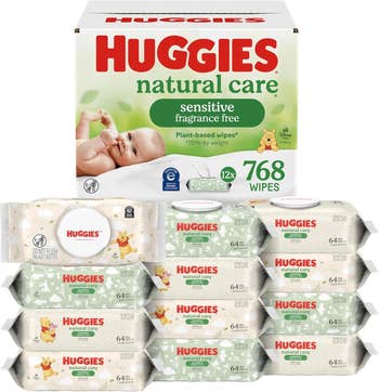 Huggies Natural Care Sensitive Wipes packaging, featuring a babe  and 768 full   wipes successful  aggregate  packs, highlighted arsenic  fragrance-free and plant-based
