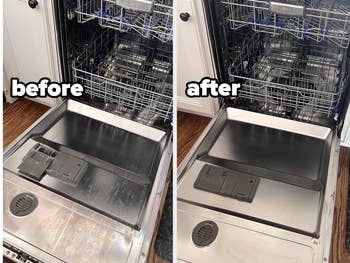 Before and after images of a clean dishwasher, indicating effectiveness of a cleaning product
