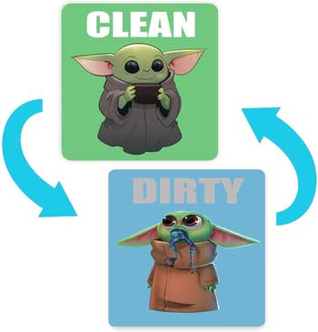 Baby Yoda magnet with one side that says 