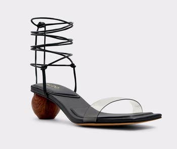 the same sandal in black with a wood tone heel 