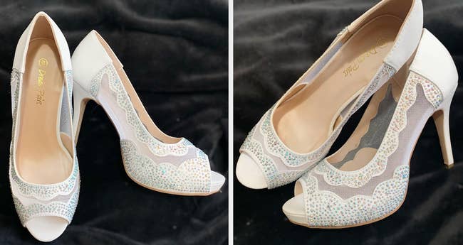 Two reviewer image of white dress shoes with rhinestones