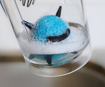 A blue Cleanzy Sponge inside a water bottle with soap and water