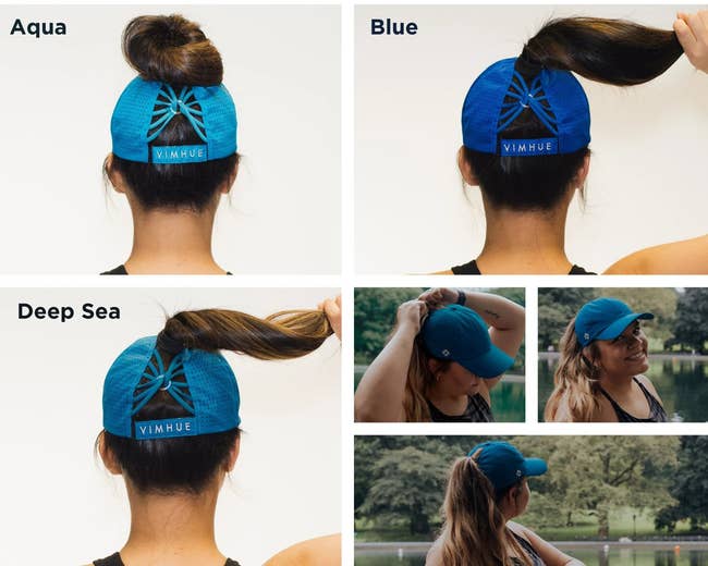 model in various shades of blue baseball caps