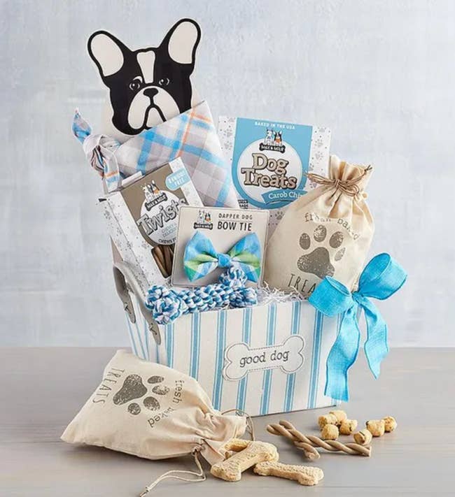 Blue and white basket with matching bow filled with bag of dog treats, a gingham blue, white, and green bow tie, two boxes of dog treats, and a gingham bandana 