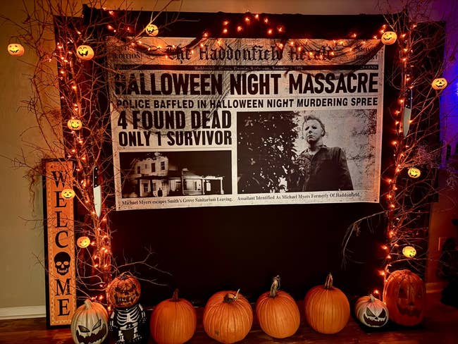 Halloween-themed show with paper header astir a fictional massacre, surrounded by pumpkins and drawstring lights