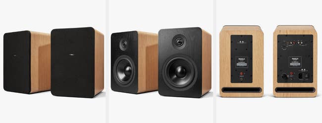 Three images of the brown and black speakers