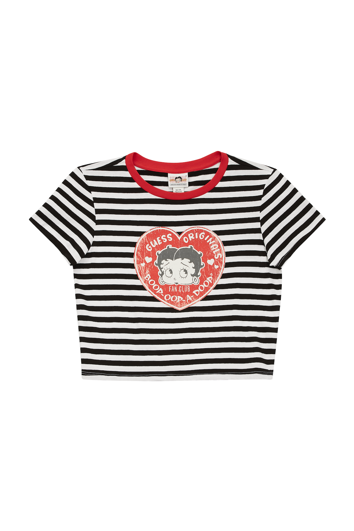 A striped T-shirt with Betty Boop's face inside a heart