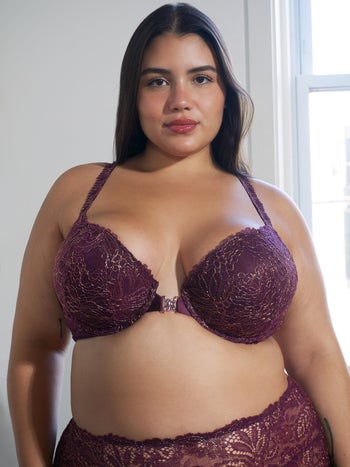 front of model posing in wine-colored push-up bra