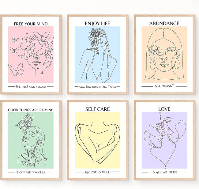 printables in different pastel colors with minimalist art and text about self care, love, and life 