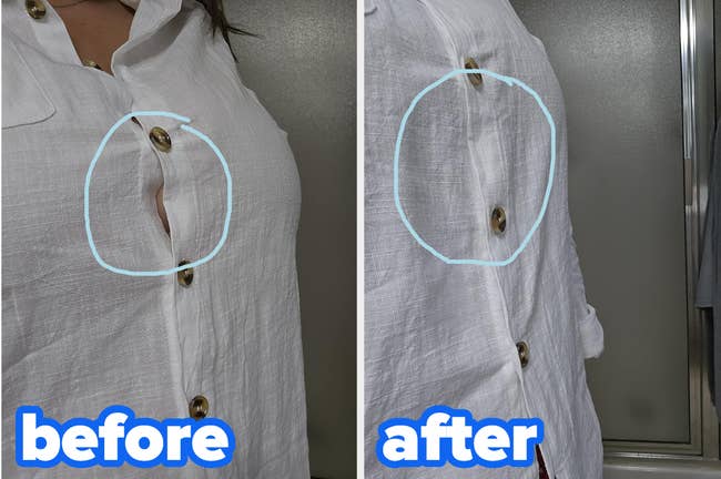 White button-up shirt with a gaping button area noted as 'before' on the left, and the improved, fixed button area noted as 'after' on the right