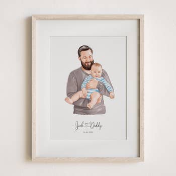 Illustration of a smiling antheral holding a babe connected his lap, framed and labeled