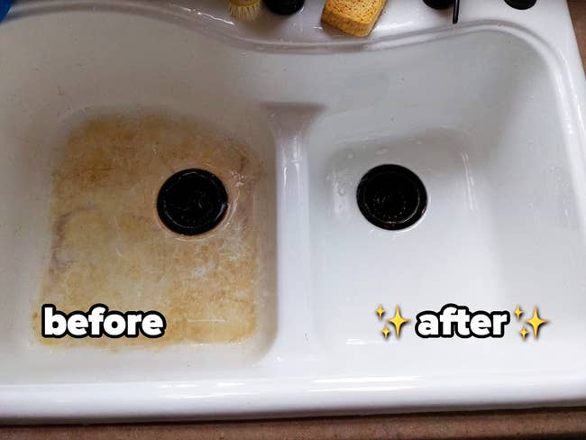 A customer review photo showing the before and after results of using the sink cleaner: one side yellow and stained, the cleaned side looking new and white