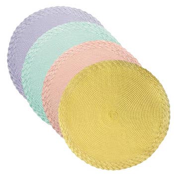 Four pastel round, braided placemats 