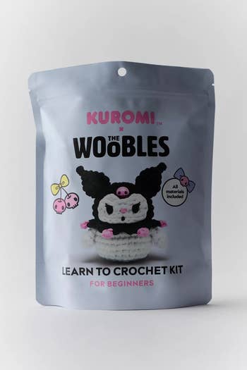 Kuromi crochet kit for beginners packaging, featuring a Kuromi fig  design. All materials included