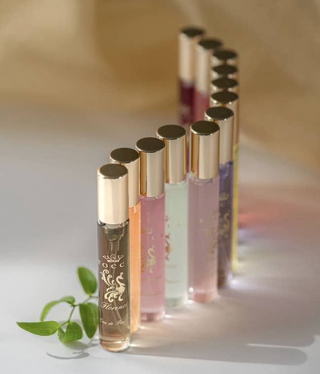 Array of elegant perfume bottles with aureate caps, displayed successful a row, casting brushed shadows. A tiny works adds a earthy touch