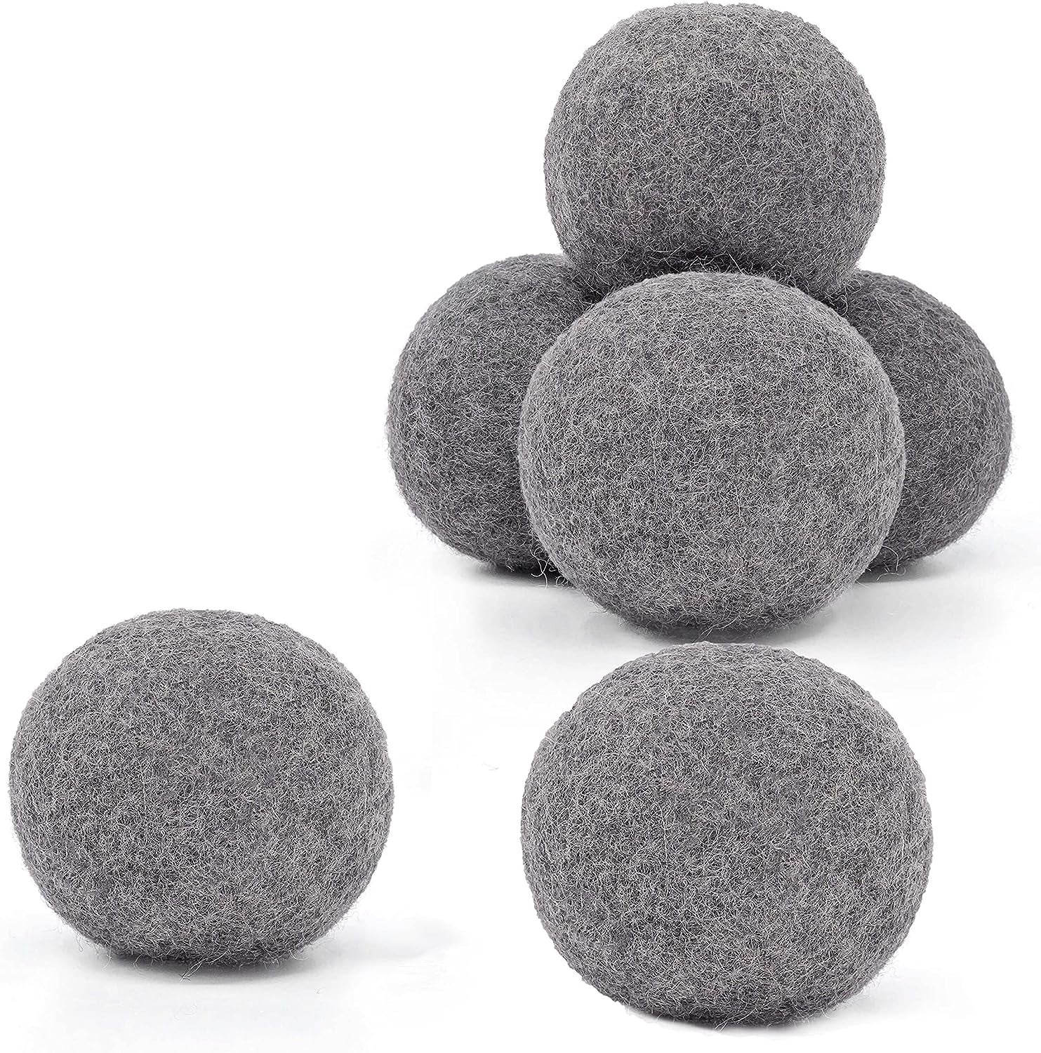 six grey wool dryer balls