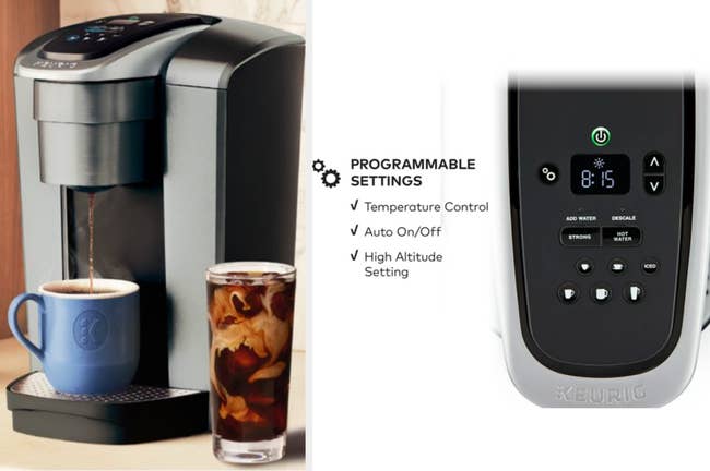 Black digital automatic coffee dispenser with mug and glass of coffee, black display screen with customization buttons on a white background