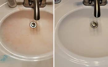A reviewer's sink before with colorful stains and after clean and white again