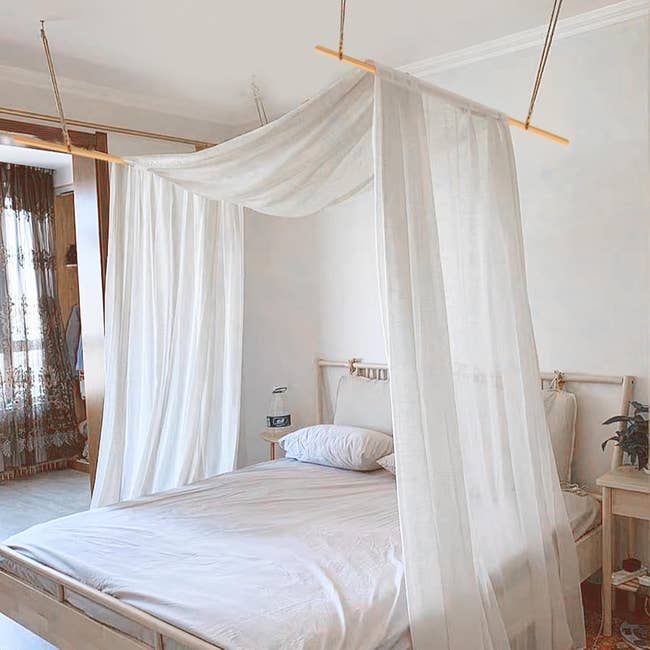Canopy bed with sheer curtains in a bright bedroom, featuring minimal decor and a small side table with a plant