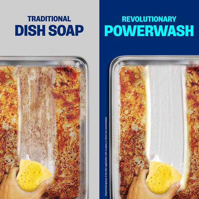 a brand image showing regular dish soap not cutting through a pan's mess, but powerwash leaving a clean stripe behind