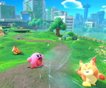 screenshot of Kirby performing a sucking move in Kirby and the Forgotten Land