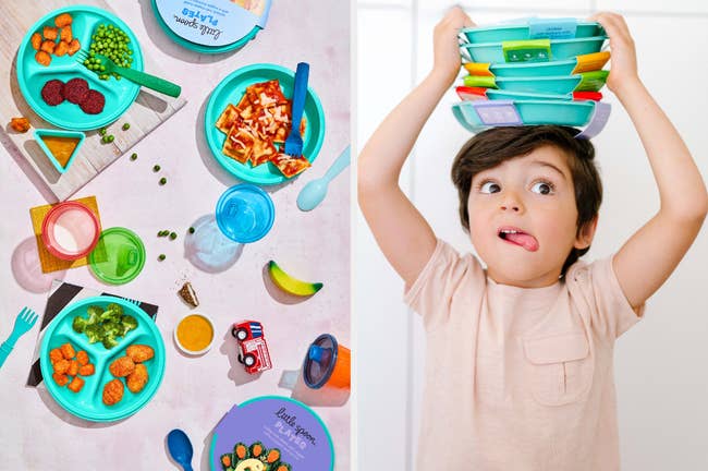 Split image of Little Spoon Meals and child model pulling faces with a stack of plates above his head