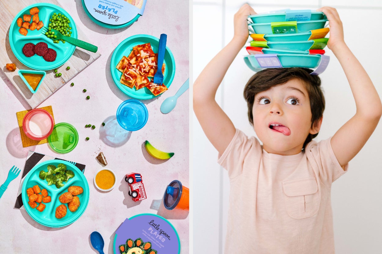 presents 3 year olds Split image of Little Spoon Meals and child model pulling faces with a stack of plates above his head
