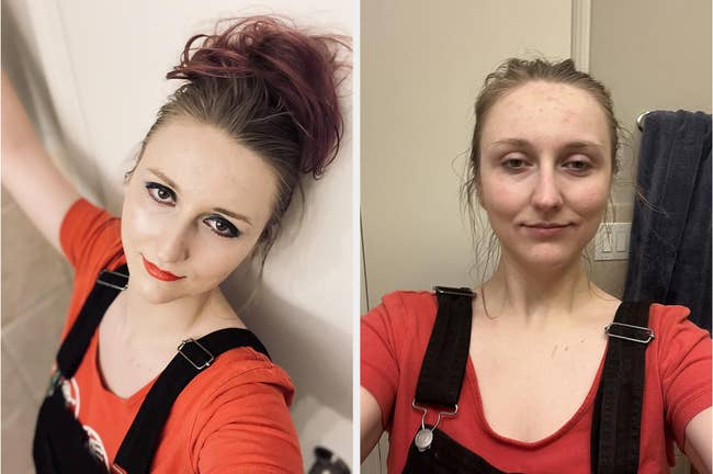Two side-by-side selfies of the aforesaid  person. On the left, they person  styled hairsbreadth  and makeup; connected  the right, they are makeup-free with casual hair