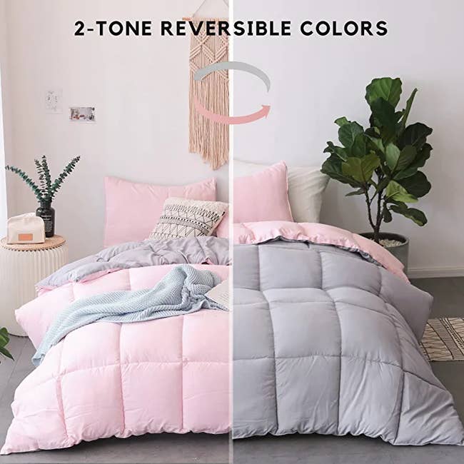 pink and grey reversible comforter set