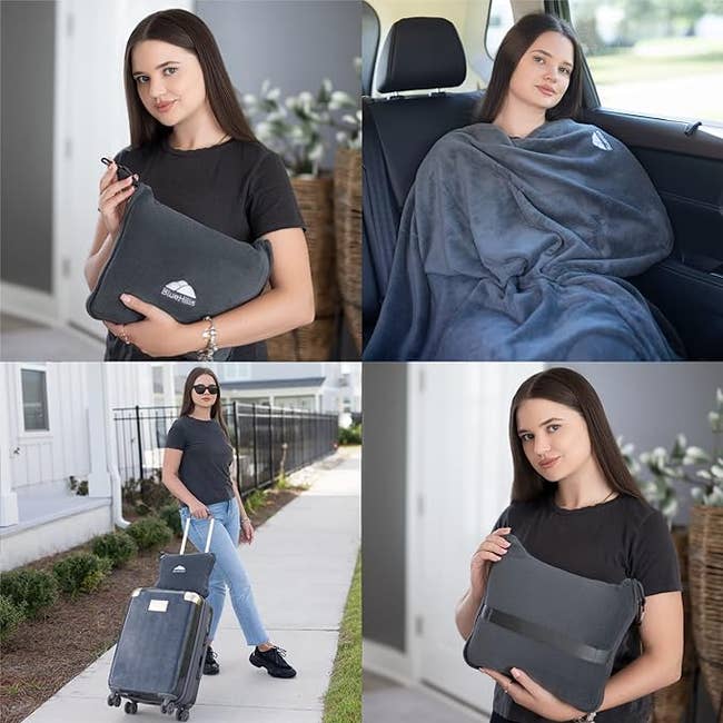 Woman showcases various uses of a versatile accessory bag in four scenarios.
