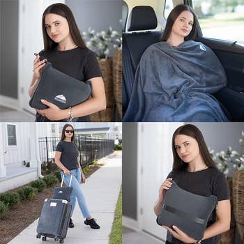 Woman showcases assorted uses of a versatile accessory container successful 4 scenarios.