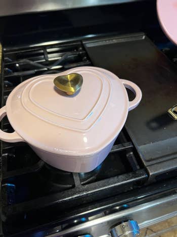 Heart-shaped cookware with lid connected  a stovetop. Perfect for kitchenware buying  enthusiasts
