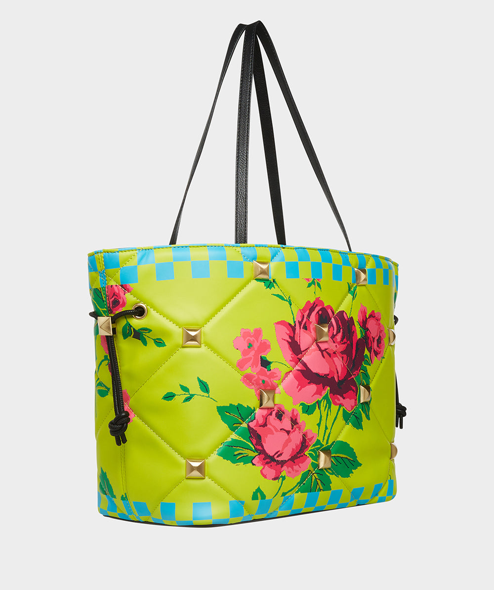 lime green quilted tote with teal checks and pink roses with black handles and side ties and gold studs