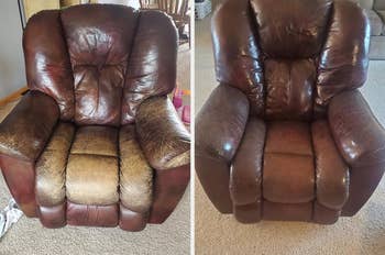 Two identical reclining chairs, 1 visibly worn and the different appearing refurbished, showcasing a restoration work for furniture
