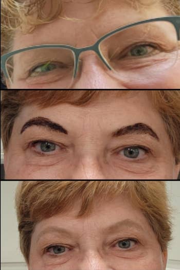 Progression photo of reviewer before, during, and after application showing it looks natural and darkened their brows while adding fullness and shape